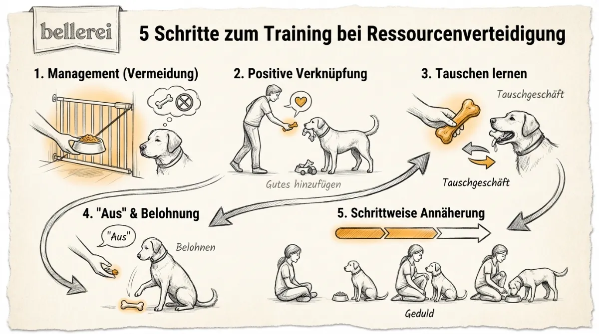Infografik: 5 Schritte Training Ressourcenverteidigung beim Hund.