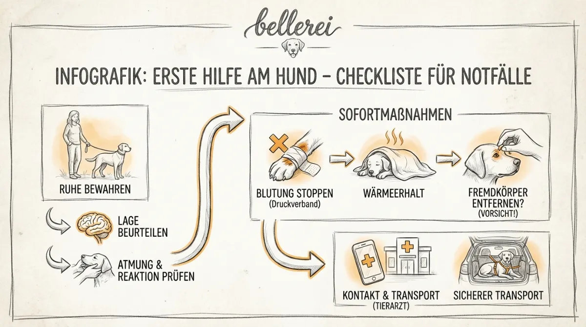 Infografik: Erste Hilfe Checkliste für Hunde in Notfällen & Urlaub.