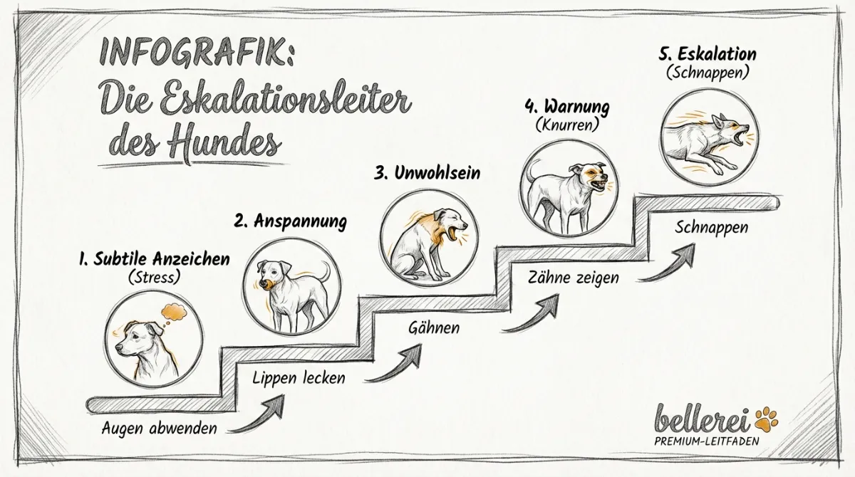 Infografik: Eskalationsleiter Hund zeigt Warnsignale wie Knurren und Schnappen.