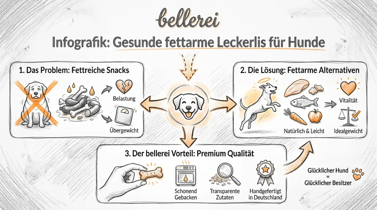 Infografik: Fettarme Leckerlis für Hunde mit Übergewicht – die bellerei Lösung.