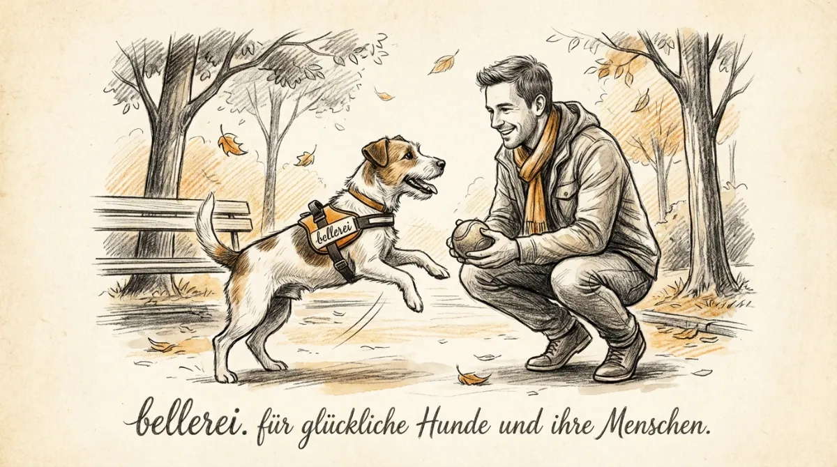 Mann spielt liebevoll mit Hund: bellerei Geschirr für positive Bindung.