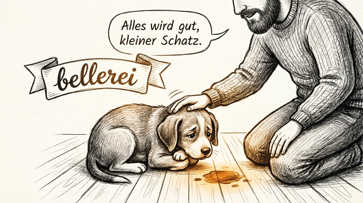 Mann tröstet traurigen Welpen nach Stubenunreinheit. bellerei Welpentraining.