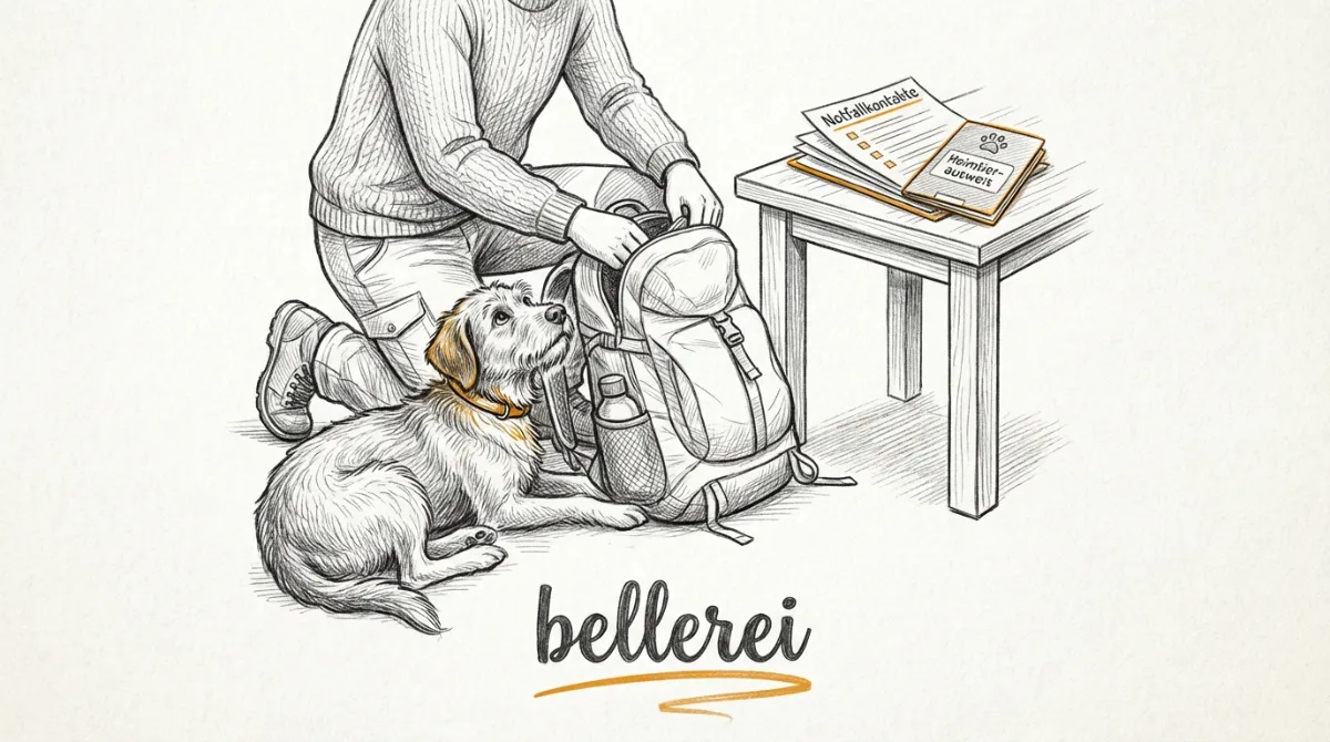 Mensch packt Rucksack für Urlaub mit Hund; Notfallkontakte, Heimtierausweis, Reiseapotheke.