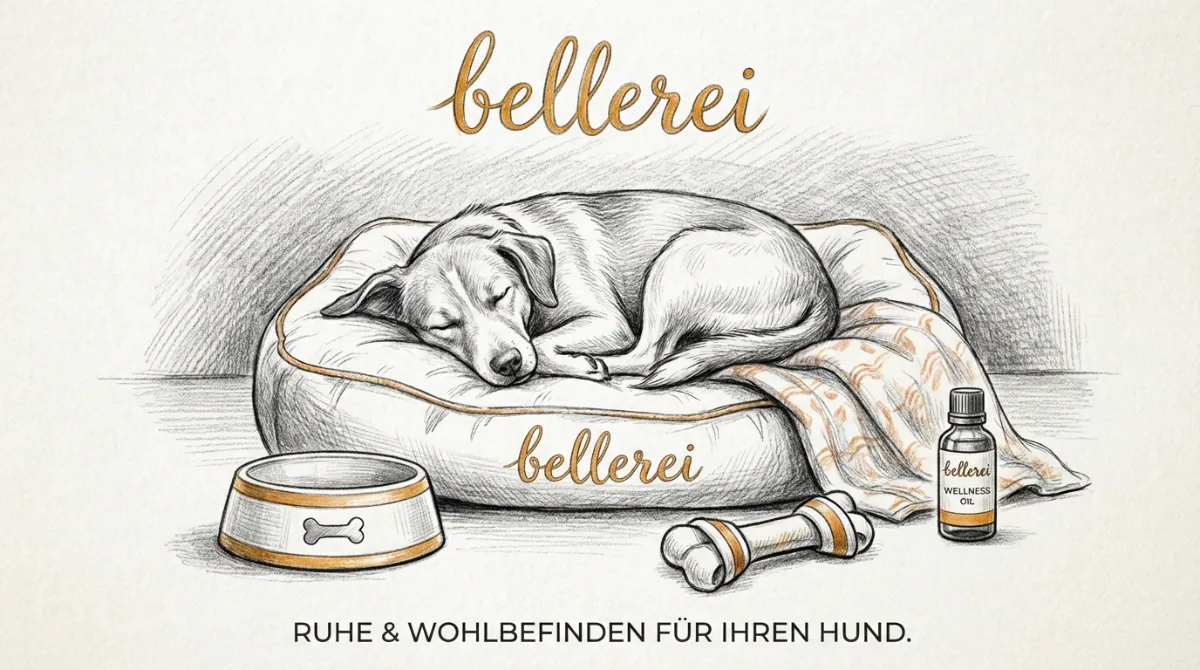 Ruhiger Hund im Bett mit Napf; getreidefreies Hundefutter für Wohlbefinden.
