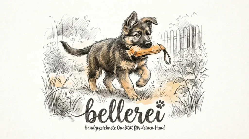 Handgezeichneter Schäferhund Welpe mit Dummy und bellerei Logo.