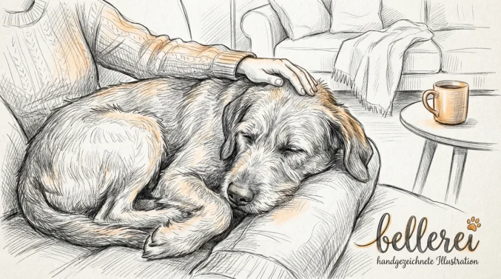 Schlafender Hund, sanft gestreichelt. Natürliche Geborgenheit und Unterstützung für Fellnasen.