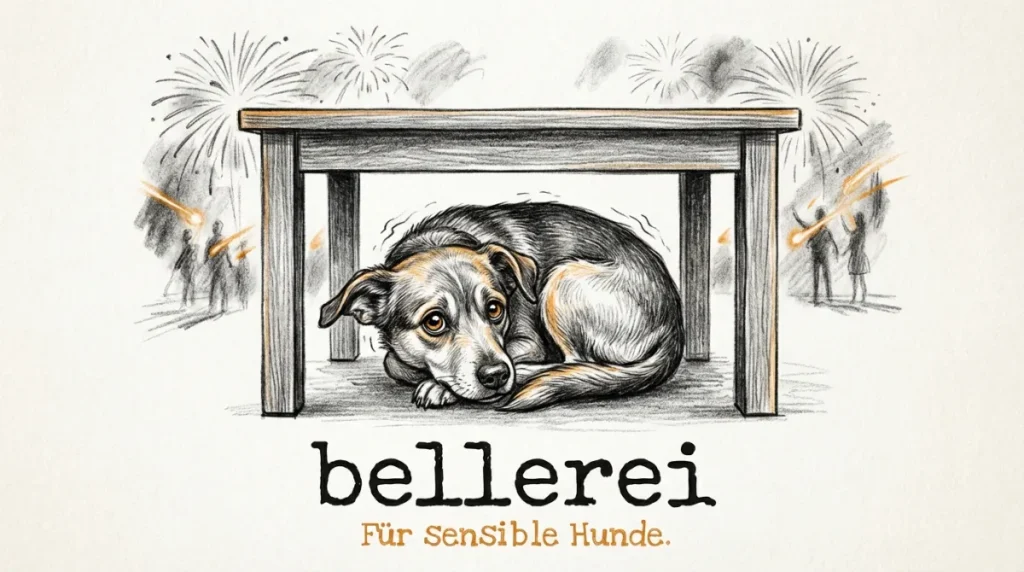 Unsicherer Hund versteckt sich vor Feuerwerk unter Tisch. bellerei Training.