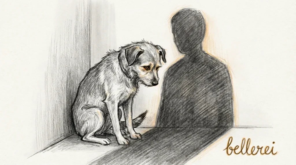 Unsicherer Hund im Tierheim, sitzt ängstlich und braucht Vertrauen.