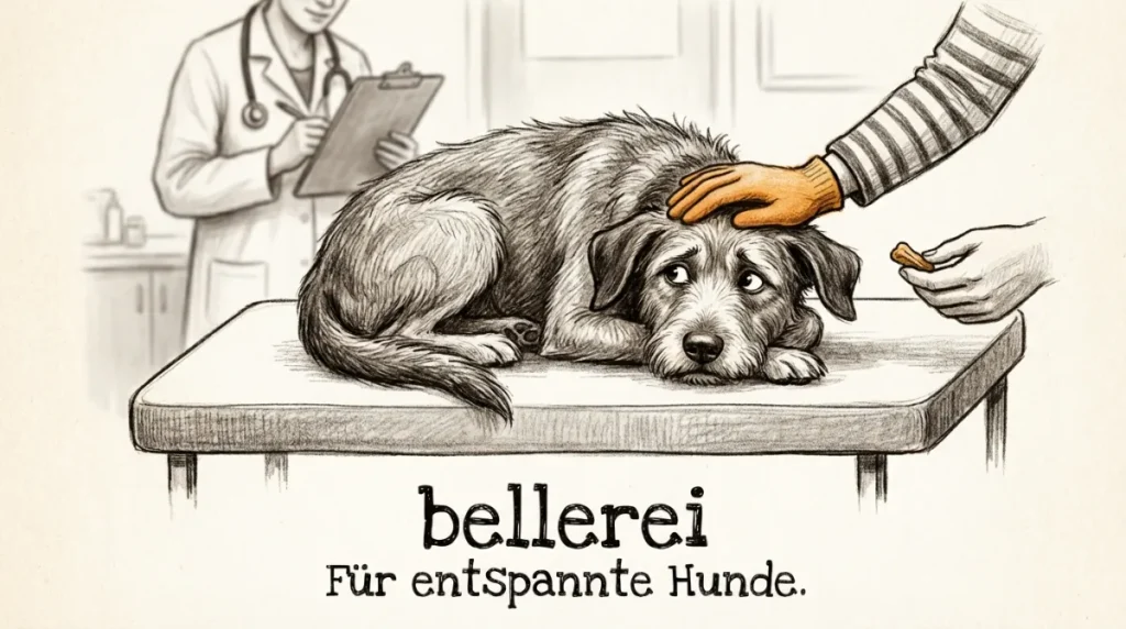 Hund mit Angst beim Tierarzt: Streicheln & Leckerli zur Beruhigung.