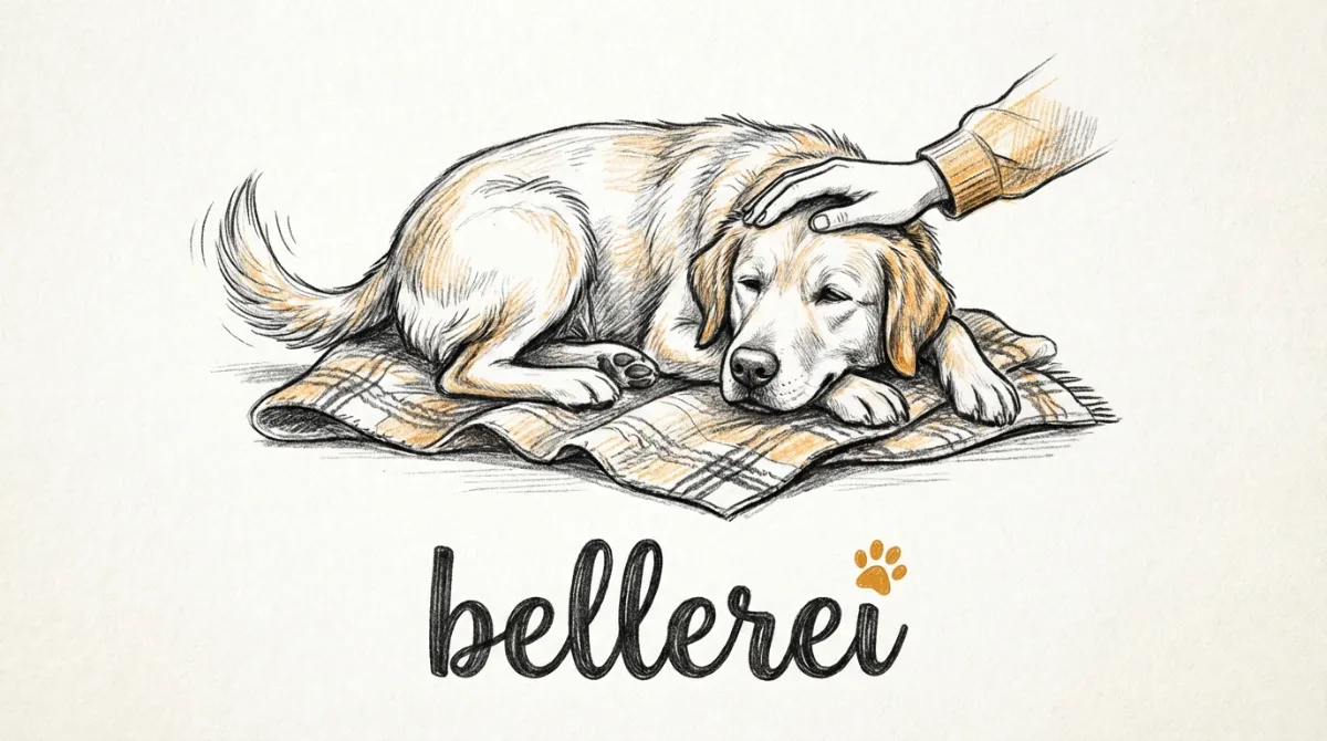 Angsthund wird sanft gestreichelt auf bellerei Decke zur Stressreduktion.