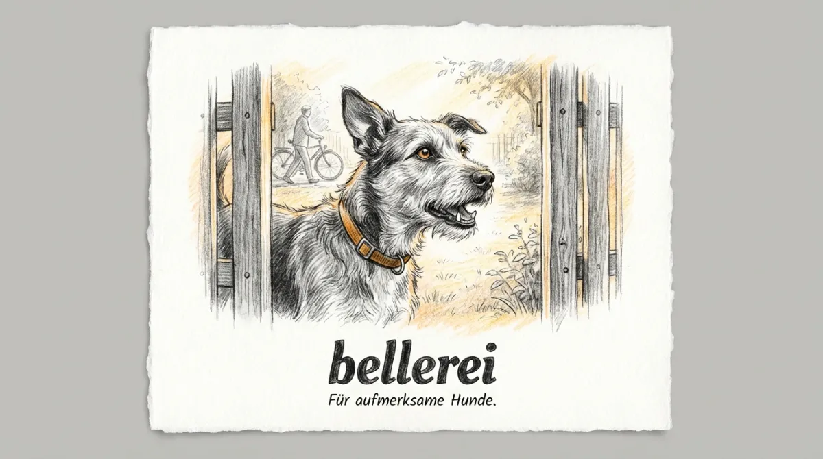 Aufmerksamer Hund im Garten schaut durch den Zaun, bereit zu bellen.