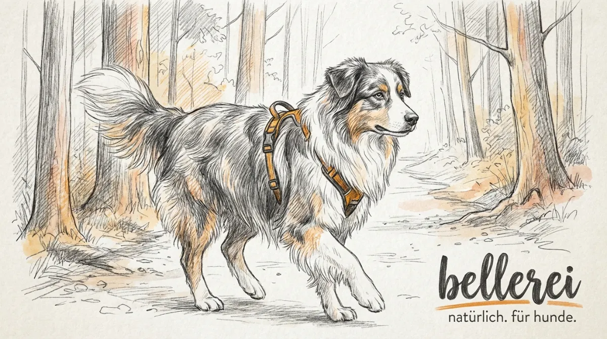 Australian Shepherd in passendem Y-Hundegeschirr von bellerei im Wald.