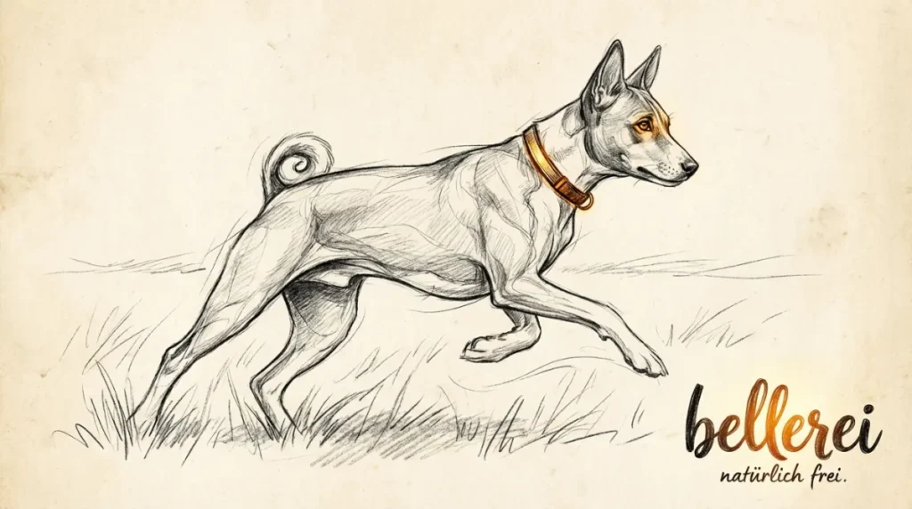 Skizze eines eleganten Basenjis in Bewegung, passend für ein bellerei Hundegeschirr.