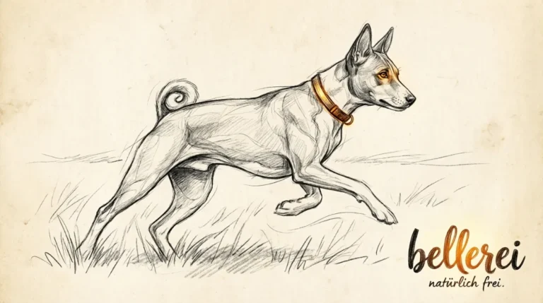 Skizze eines eleganten Basenjis in Bewegung, passend für ein bellerei Hundegeschirr.