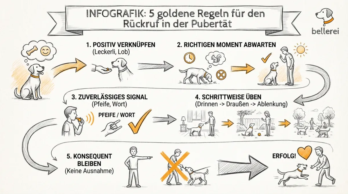 bellerei Infografik: 5 goldene Regeln für Rückruf-Training in der Hundepubertät.