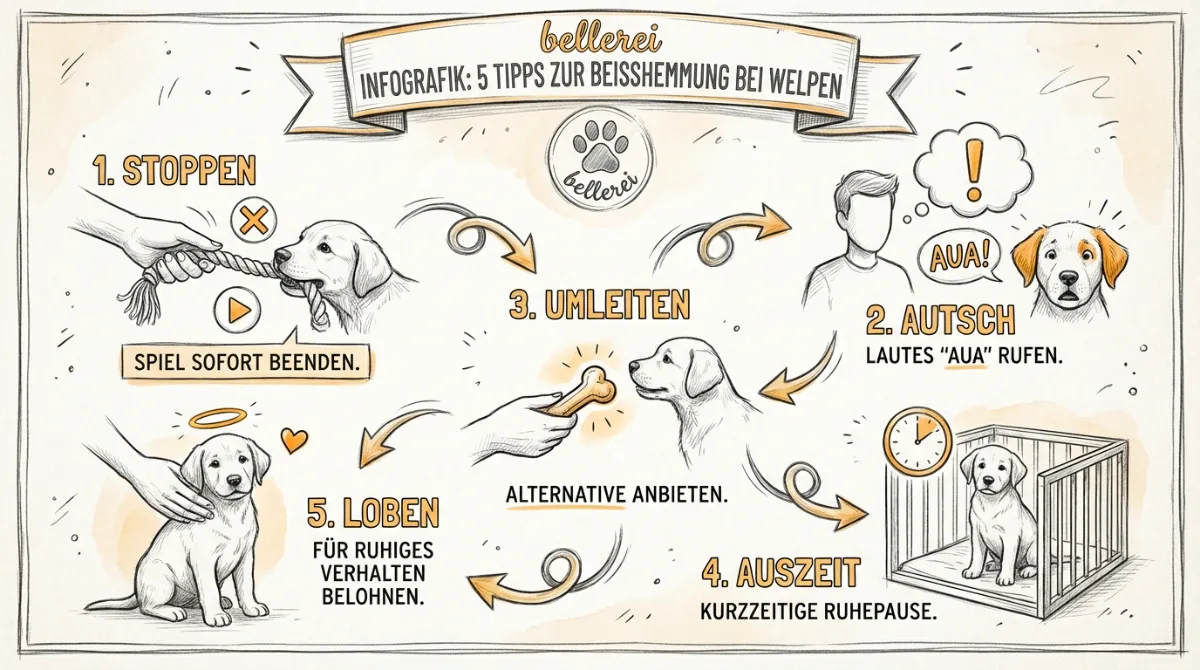 bellerei Infografik: Welpe beisst in Hände, 5 Tipps Beisshemmung.