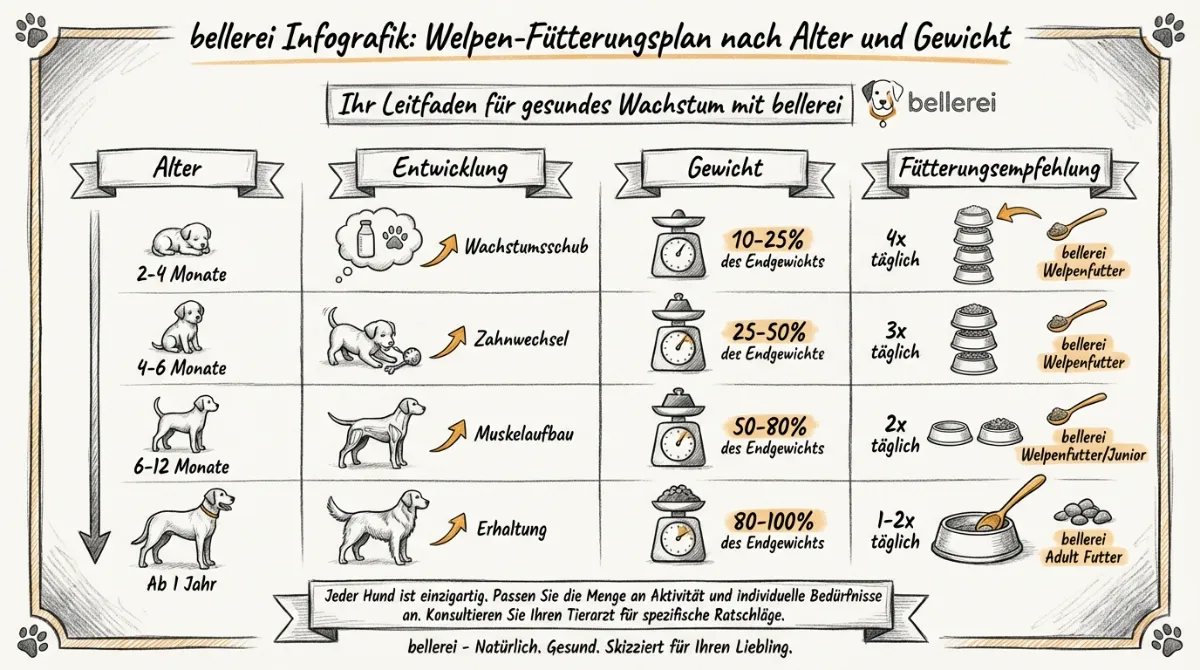bellerei Welpen-Fütterungsplan Infografik nach Alter und Gewicht für gesundes Wachstum.