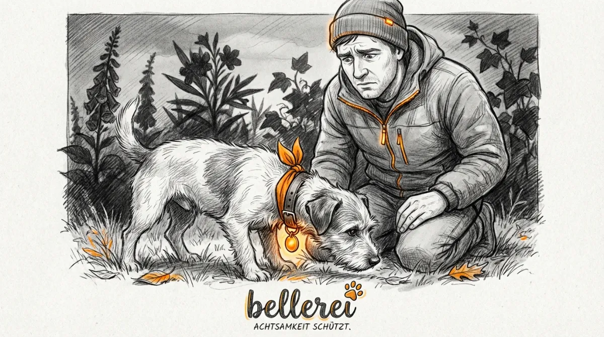 Besorgter Mann beobachtet Hund, der an giftigen Kräutern schnüffelt.