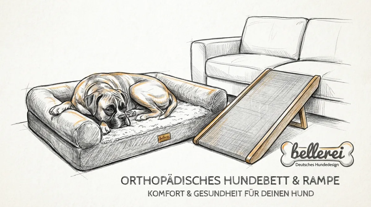 Boxer auf orthopädischem bellerei Hundebett und Rampe bei Arthrose.