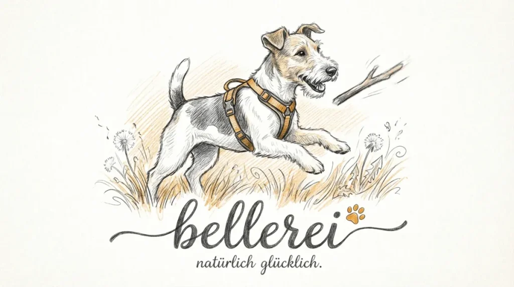 Fröhlicher Foxterrier mit bellerei Hundegeschirr springt nach Stock.