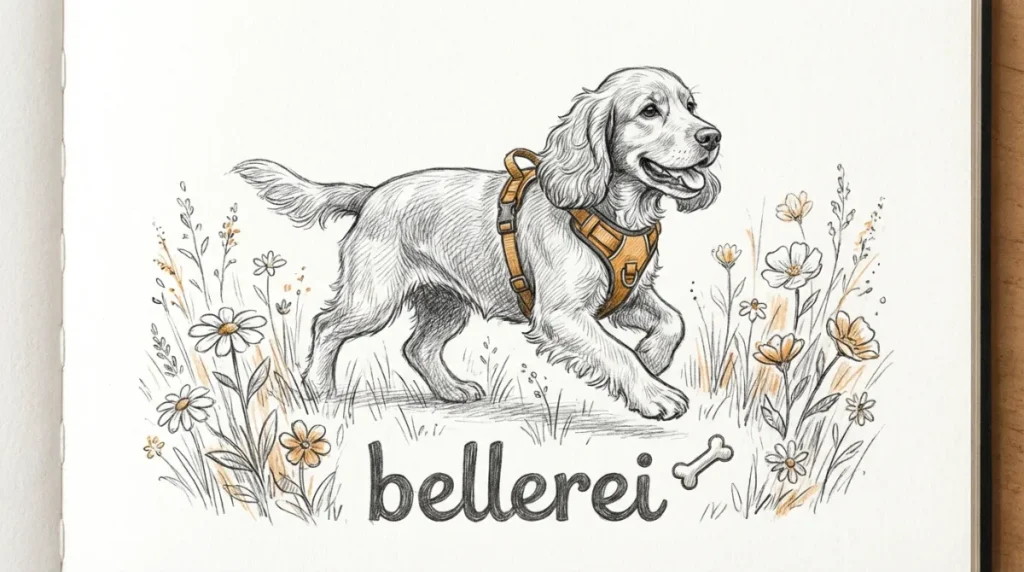 Cocker Spaniel mit bellerei Y-Geschirr in Blumenwiese.