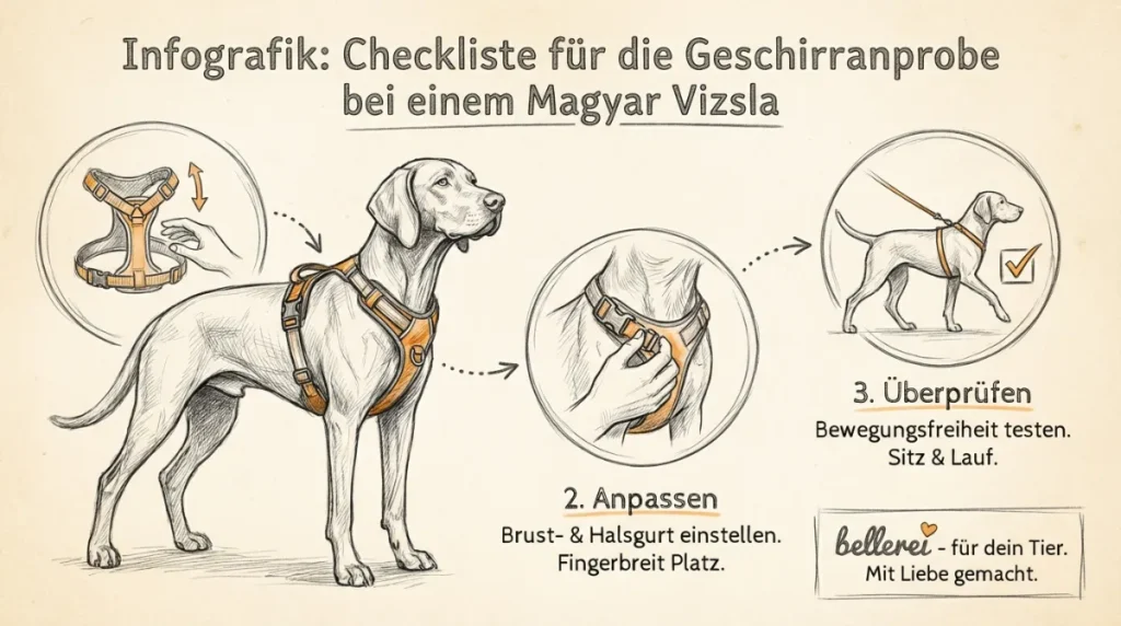 Infografik: Magyar Vizsla Hundegeschirr anpassen – Checkliste für perfekte Passform.
