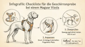 Infografik: Magyar Vizsla Hundegeschirr anpassen – Checkliste für perfekte Passform.