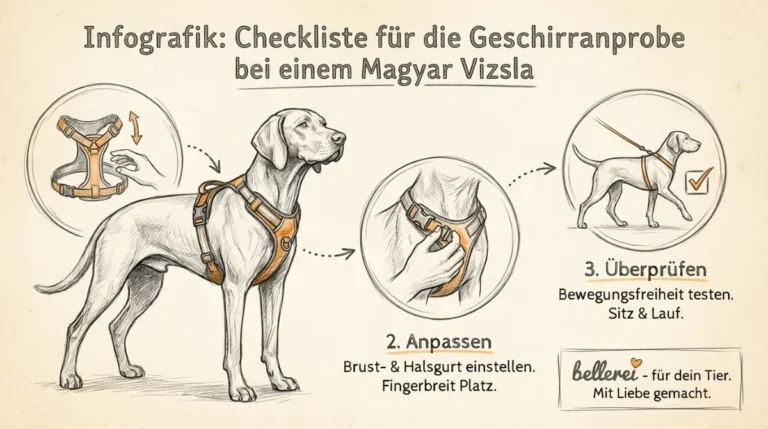 Infografik: Magyar Vizsla Hundegeschirr anpassen – Checkliste für perfekte Passform.