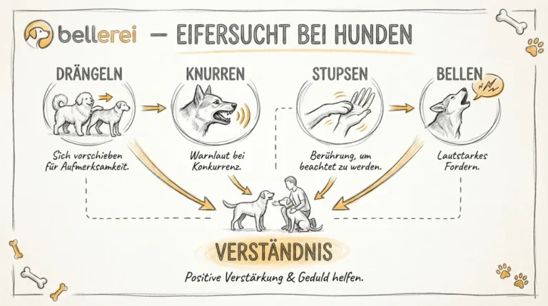 Infografik bellerei: Eifersucht bei Hunden – Anzeichen wie Drängeln, Knurren, Bellen verstehen.