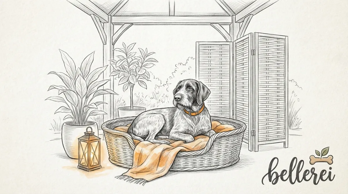 Entspannter Hund im bellerei Hundebett im Garten, ideal gegen Bellen.