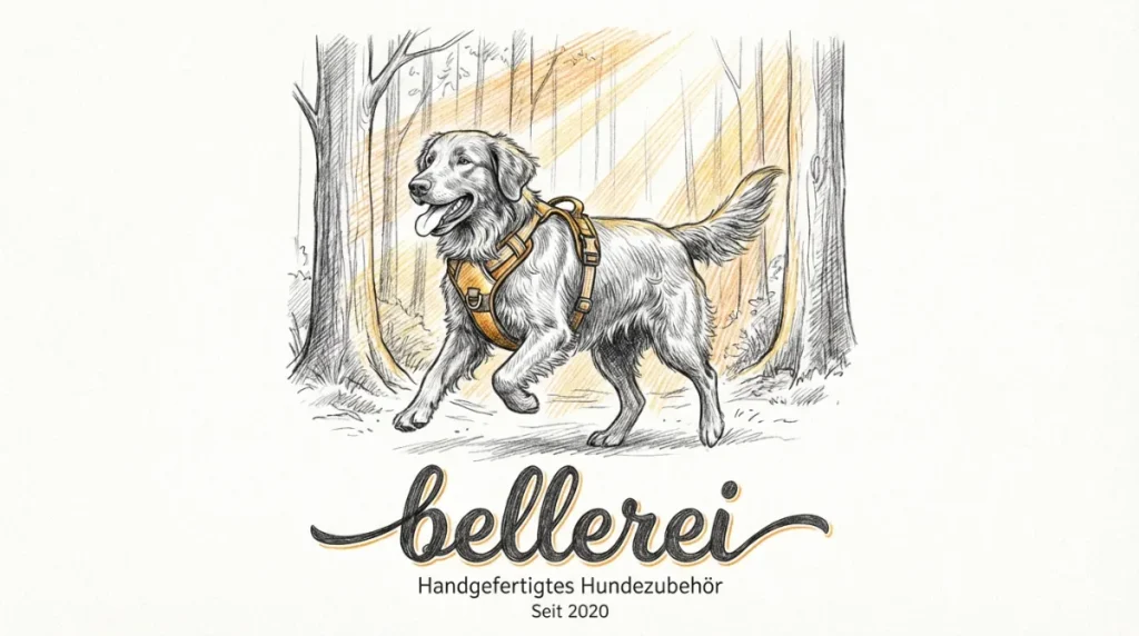 Flat Coated Retriever mit bellerei Geschirr, bereit für komfortable Abenteuer.