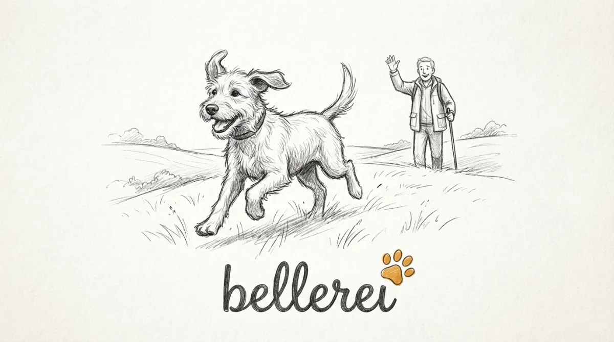 Freudiger Hund rennt im Freilauf auf Wiese, Mensch winkt, bellerei Logo.