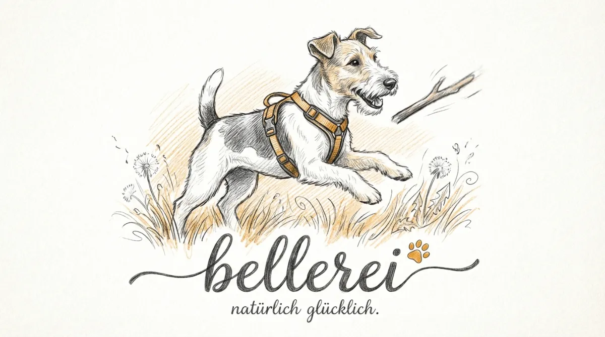 Fröhlicher Foxterrier mit bellerei Hundegeschirr springt nach Stock.