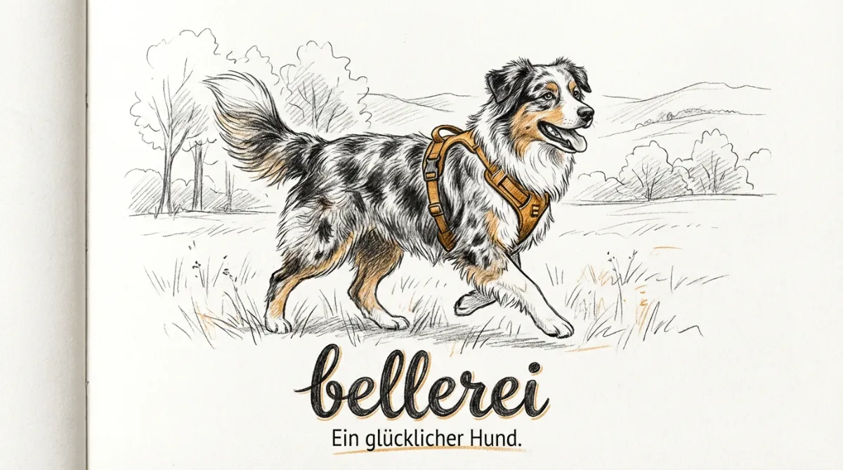 Glücklicher Australian Shepherd mit passendem Y-Geschirr in der Natur.