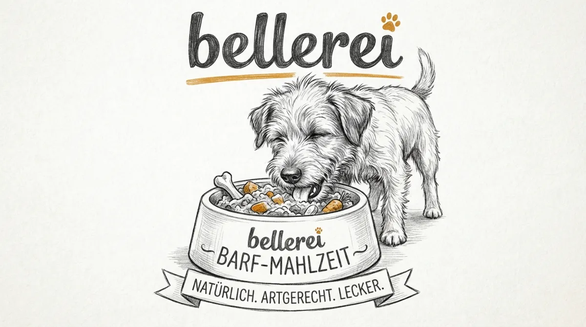 Glücklicher Hund frisst bellerei BARF-Mahlzeit: Rohfütterung für Hunde