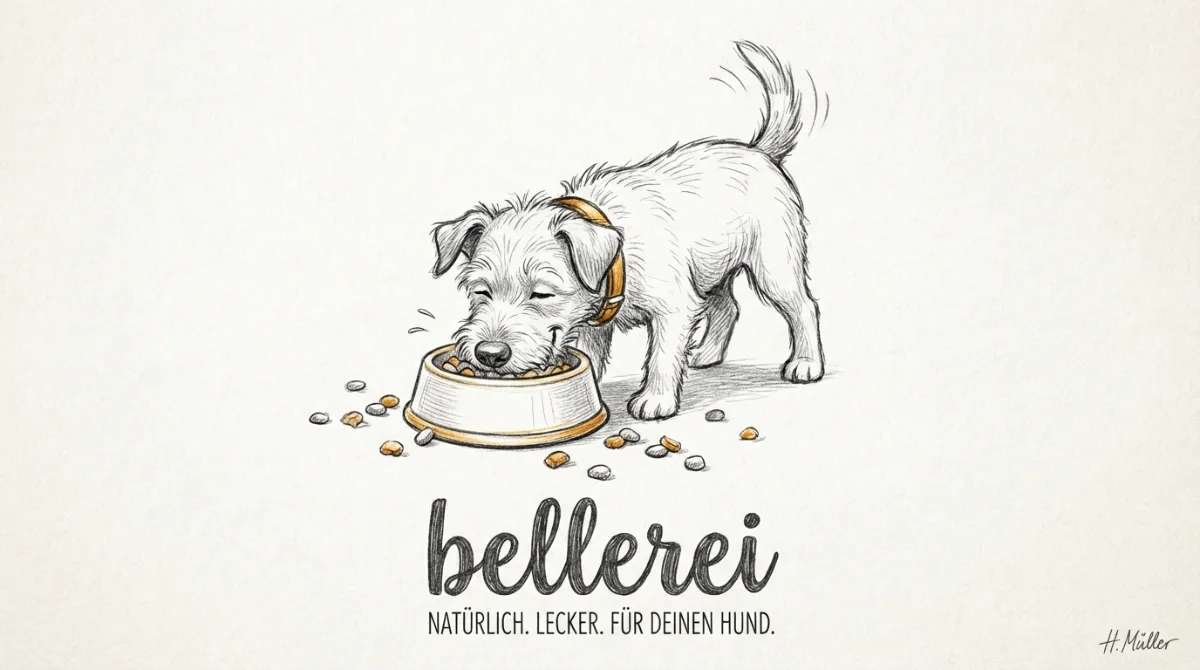 Glücklicher Hund frisst Futter. Für den Aufbau der Darmflora nach Durchfall.