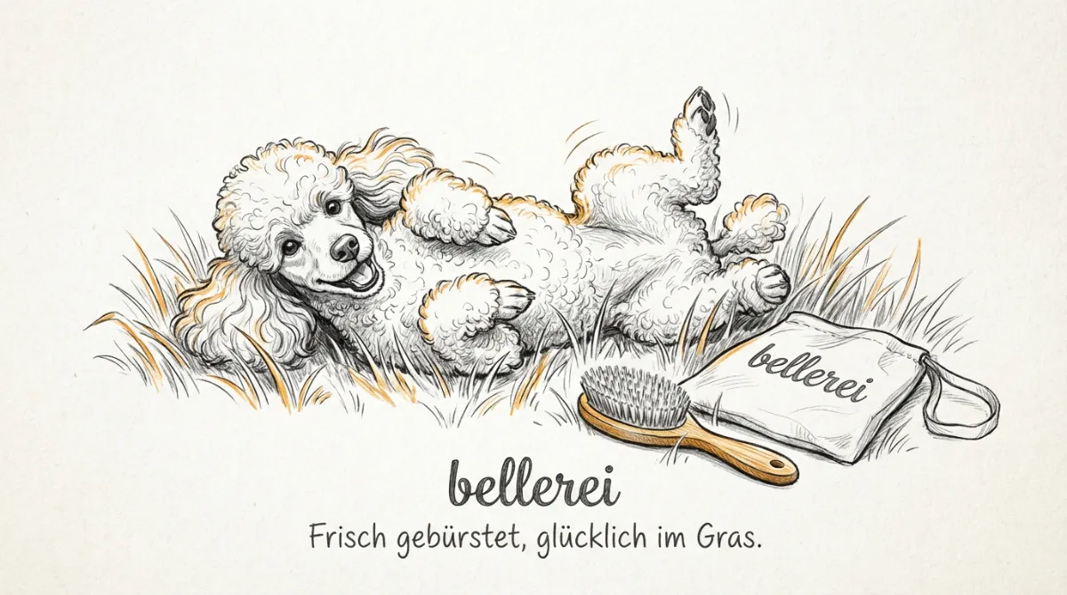 Glücklicher Pudel nach der Fellpflege, im Gras mit bellerei Bürste.