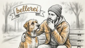 Mann und Hund auf Bank, nachdenklich wegen Hormonchaos nach Kastration. bellerei.