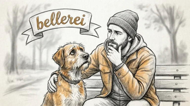 Mann und Hund auf Bank, nachdenklich wegen Hormonchaos nach Kastration. bellerei.