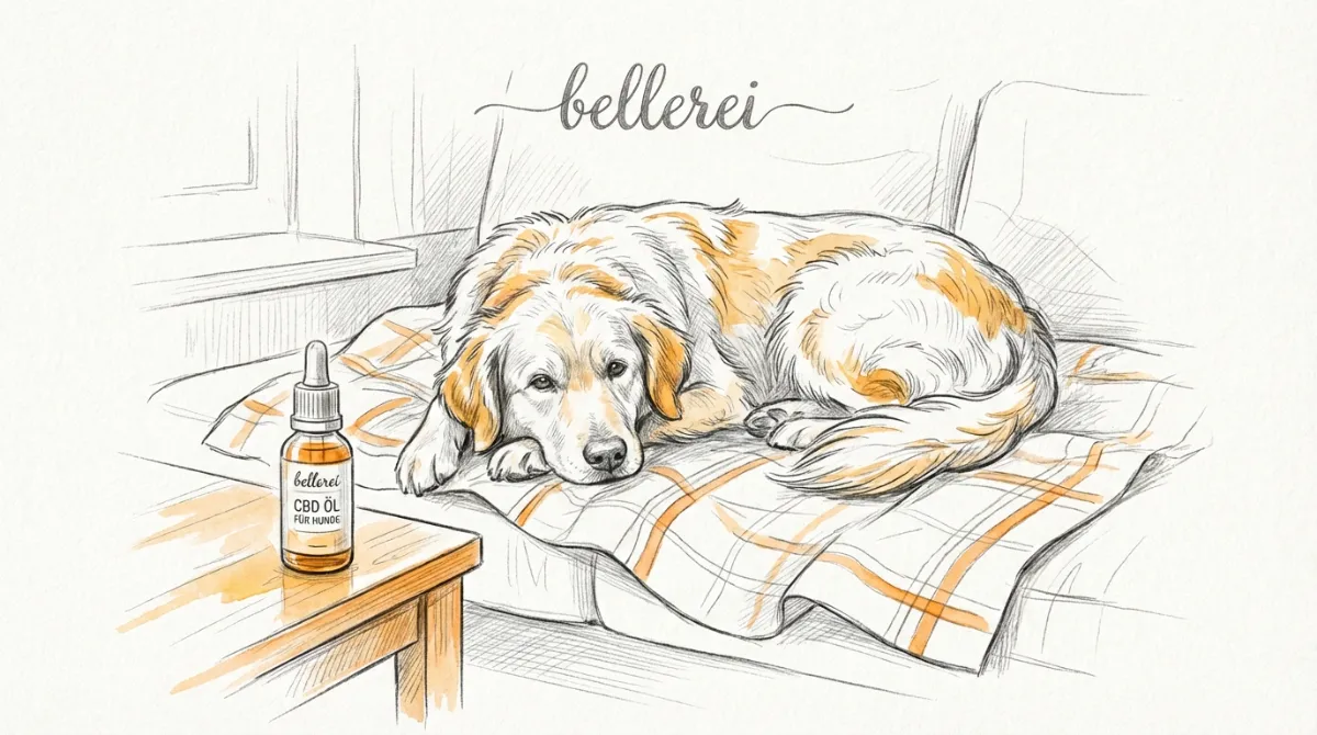 Hund entspannt auf Decke mit bellerei CBD Öl für Angst & Beruhigung.