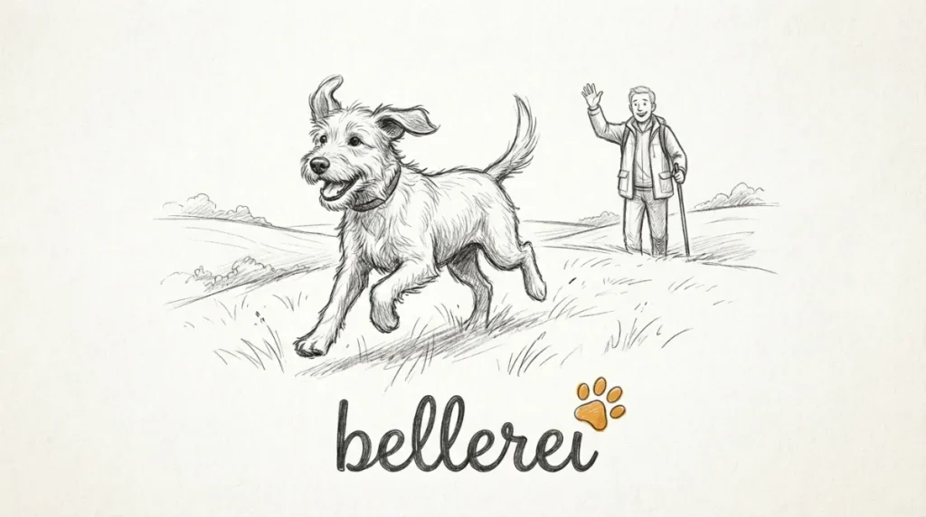 Freudiger Hund rennt im Freilauf auf Wiese, Mensch winkt, bellerei Logo.