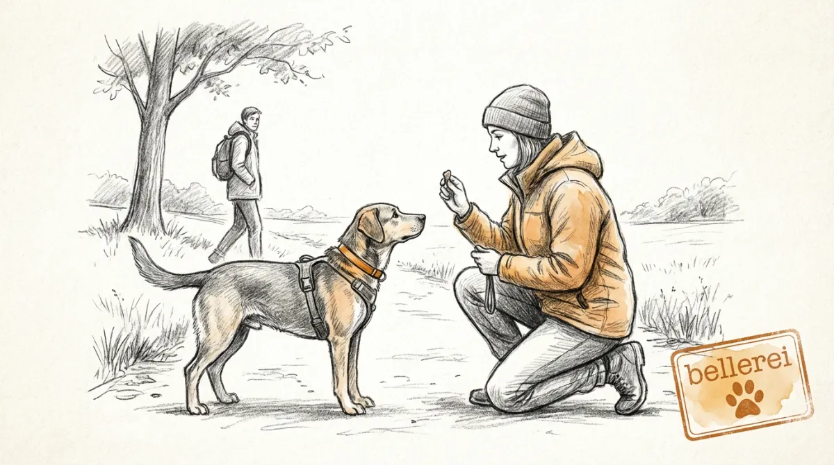 Hund knurrt Besuch an: Frau trainiert Hund mit Leckerli.