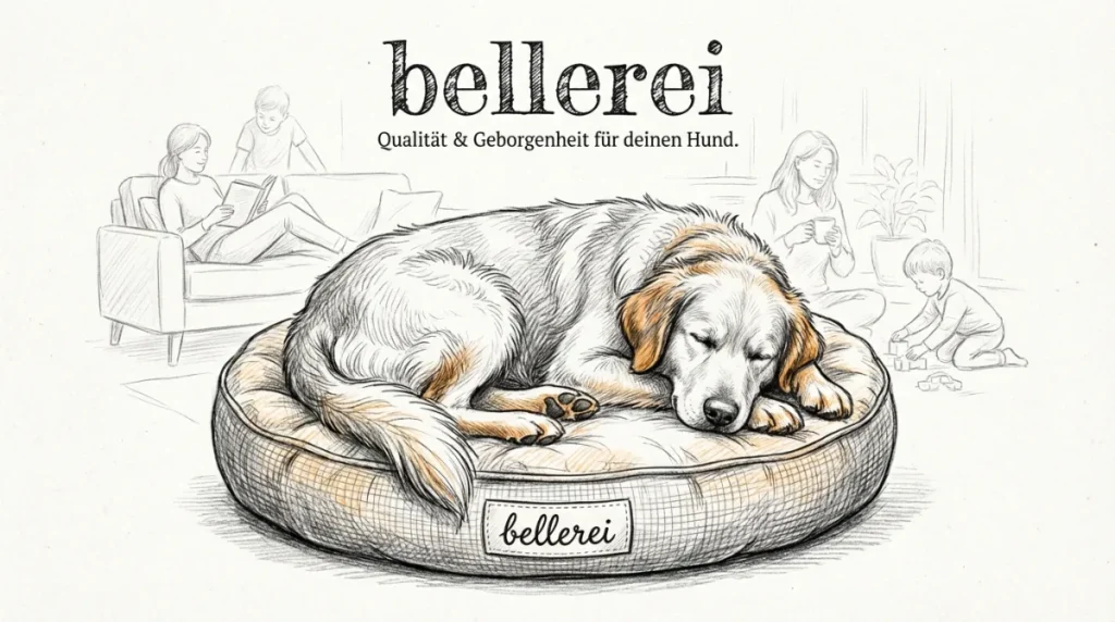 Hund schläft geborgen auf bellerei Hundebett, Familie im harmonischen Zuhause.