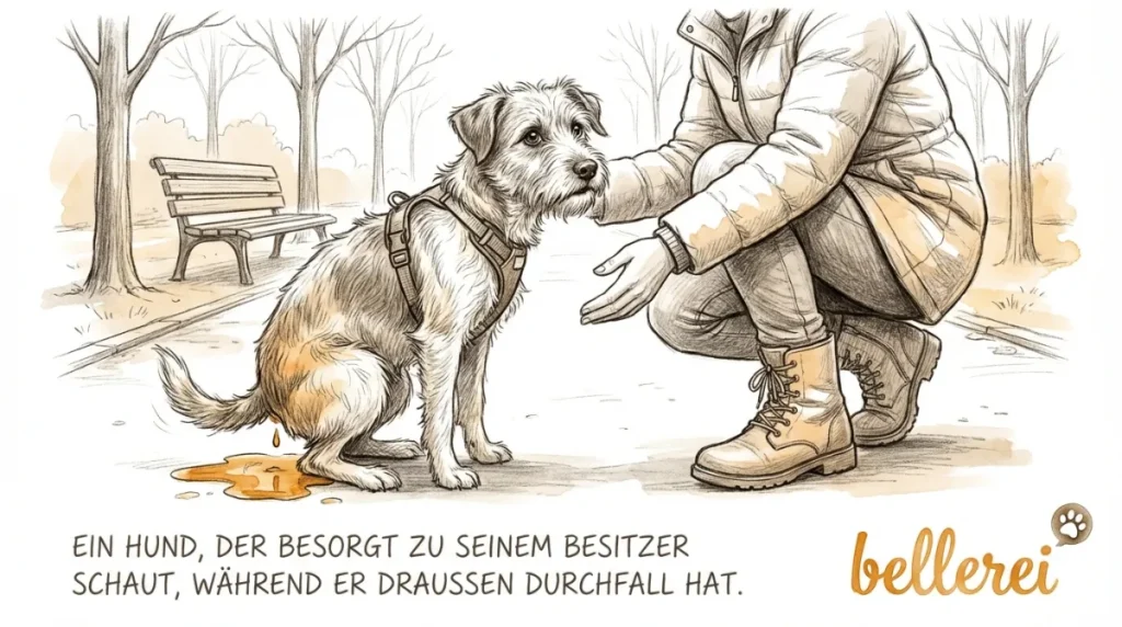 Hund mit akutem Durchfall blickt besorgt zum Besitzer im Park.