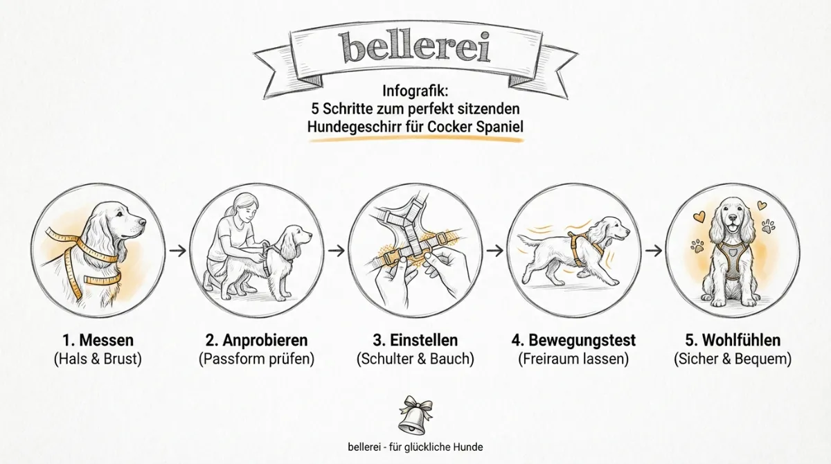 Infografik: 5 Schritte zum perfekt sitzenden Hundegeschirr für Cocker Spaniel.