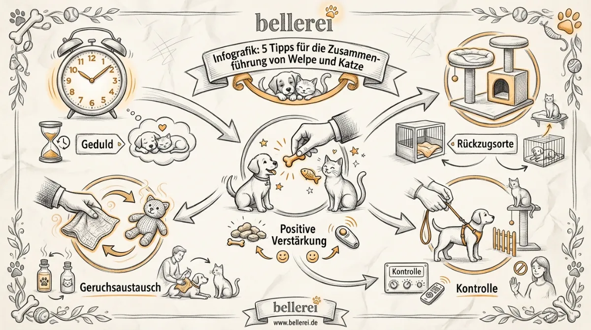 Infografik: 5 Tipps zur Welpen Sozialisierung mit Katzen und Zusammenführung.
