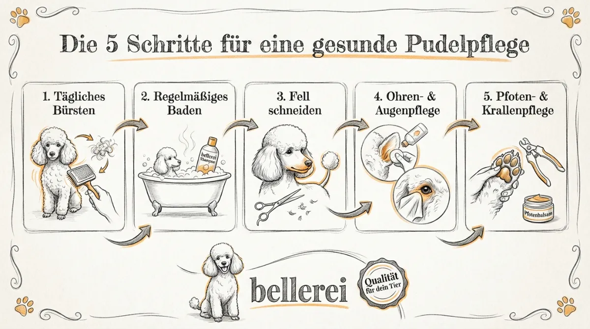 Infografik: Die 5 Schritte der Pudel Pflege mit Fellpflege, Scheren, Baden.