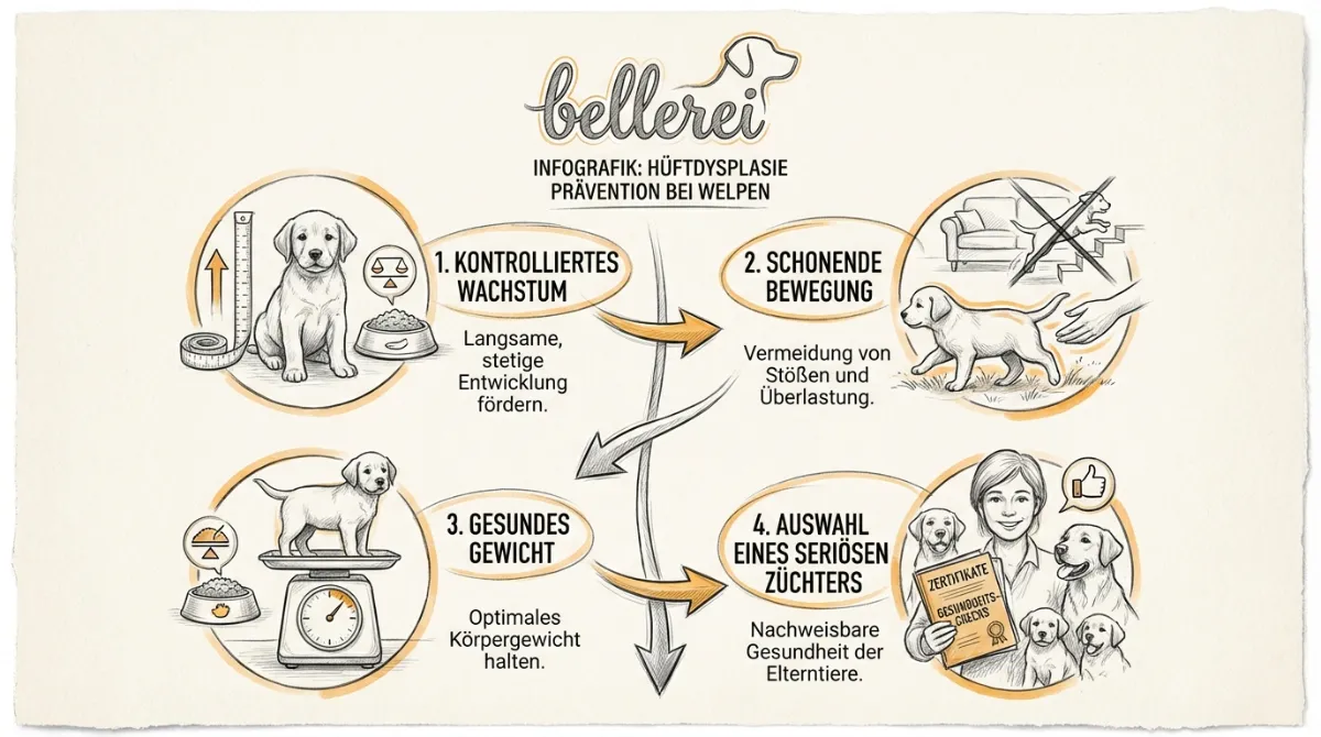Infografik: Hüftdysplasie (HD) Prävention bei Welpen – Wachstum, Bewegung, Gewicht, Züchter.