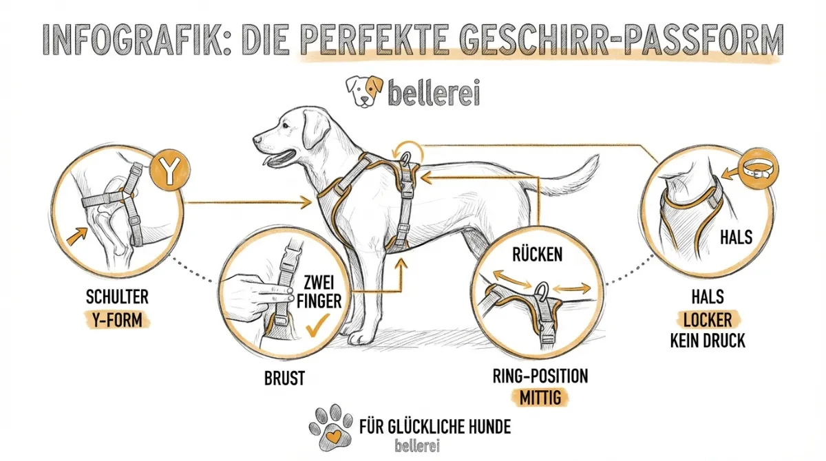 Infografik: Perfekte Y-Geschirr Passform für Australian Shepherd Hundegeschirre