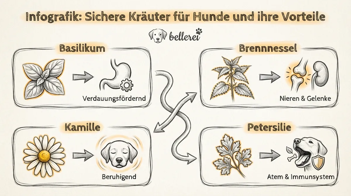 Infografik: Sichere Kräuter für Hunde – Basilikum, Brennnessel, Kamille, Petersilie.